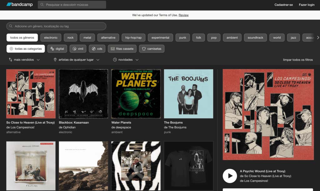 A interface do Bandcamp