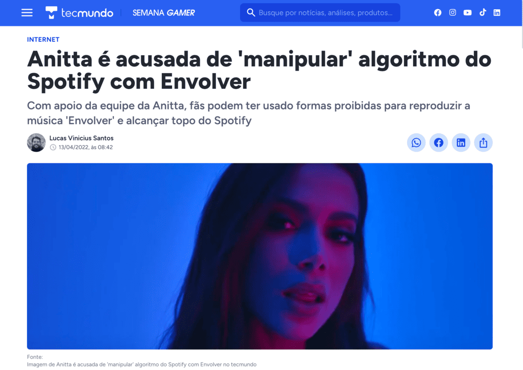 Parte do "sucesso" da música Envolver, da Anitta pode ter sido causado por manipulação nos algorítimos do Spotify