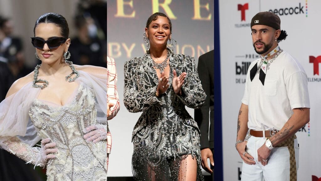 Fonte: Rolling Stone Brasil. Rosalía (Foto: Dimitrios Kambouris/Getty Images for The Met Museum/Vogue), Beyoncé (Foto: Jesse Grant/Getty Images for Disney) e Bad Bunny (Foto: Rodrigo Varela/Getty Images)